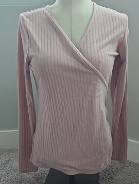 Nine West Ribbed Wrap-Front Long Sleeve Top - Light Pink
